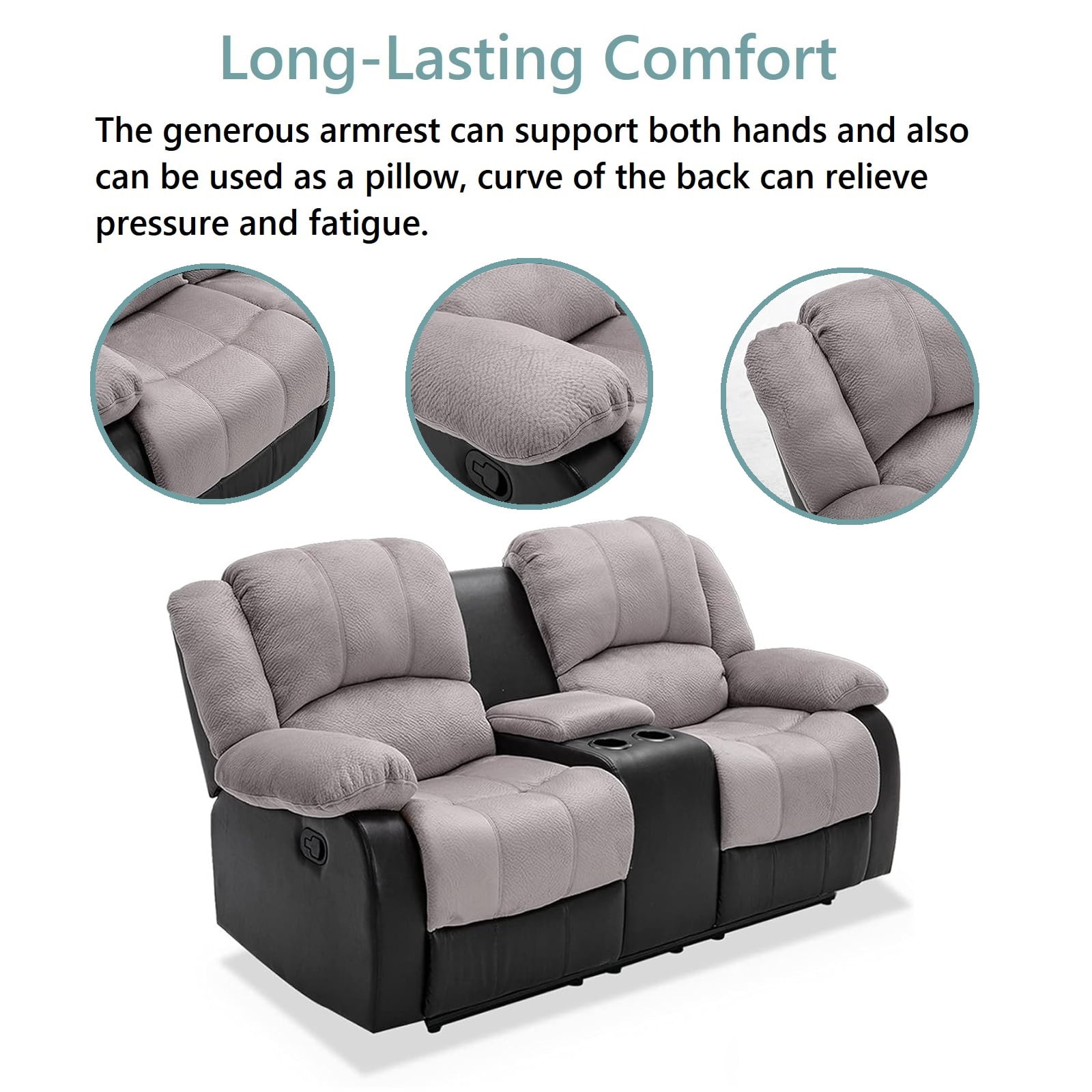 Nathaniel Home Manual Reclining Sofa, PU Leather Upholstered Double Recliner Loveseat, 2-Seater Home Theater Seating with Console, Arm Sofa Recline Chair for Living Room, Gray