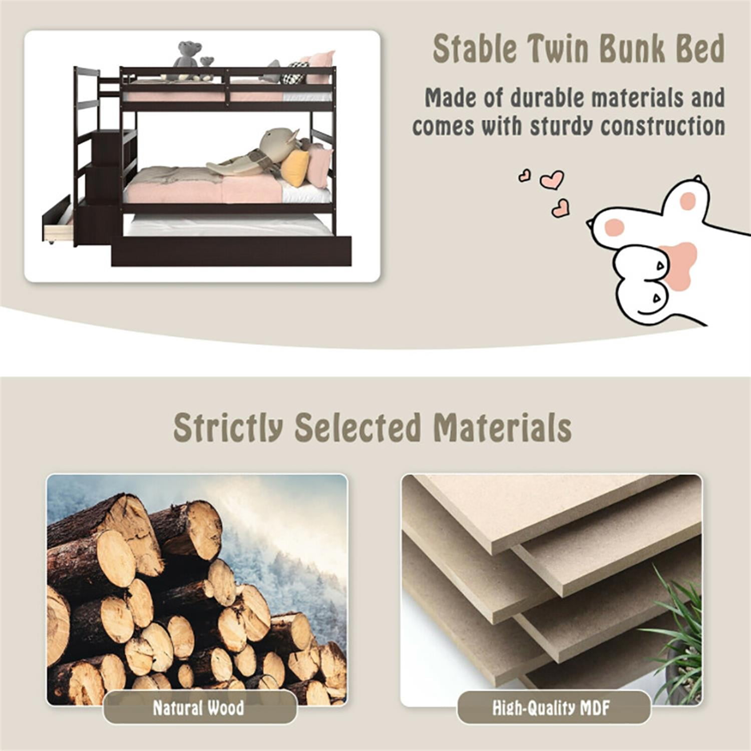 Demi Bonn Twin Pull-Out Bunk Beds with Ladder in the Steps and a Trundle, Bunk Bed Platform with Storage Shelf and Drawer, Brown