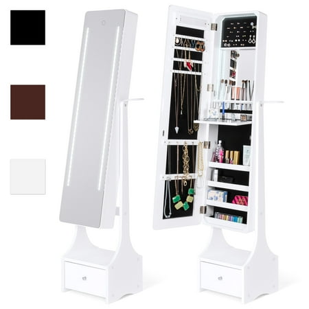 Floor Mirror Cabinet - Best Choice Products Full Length Standing LED Mirrored Jewelry Makeup Storage Organizer Cabinet Armoire w/ Interior & Exterior Lights, Touchscreen, Shelf, Velvet Lining, 4 Compartments, Drawer - White