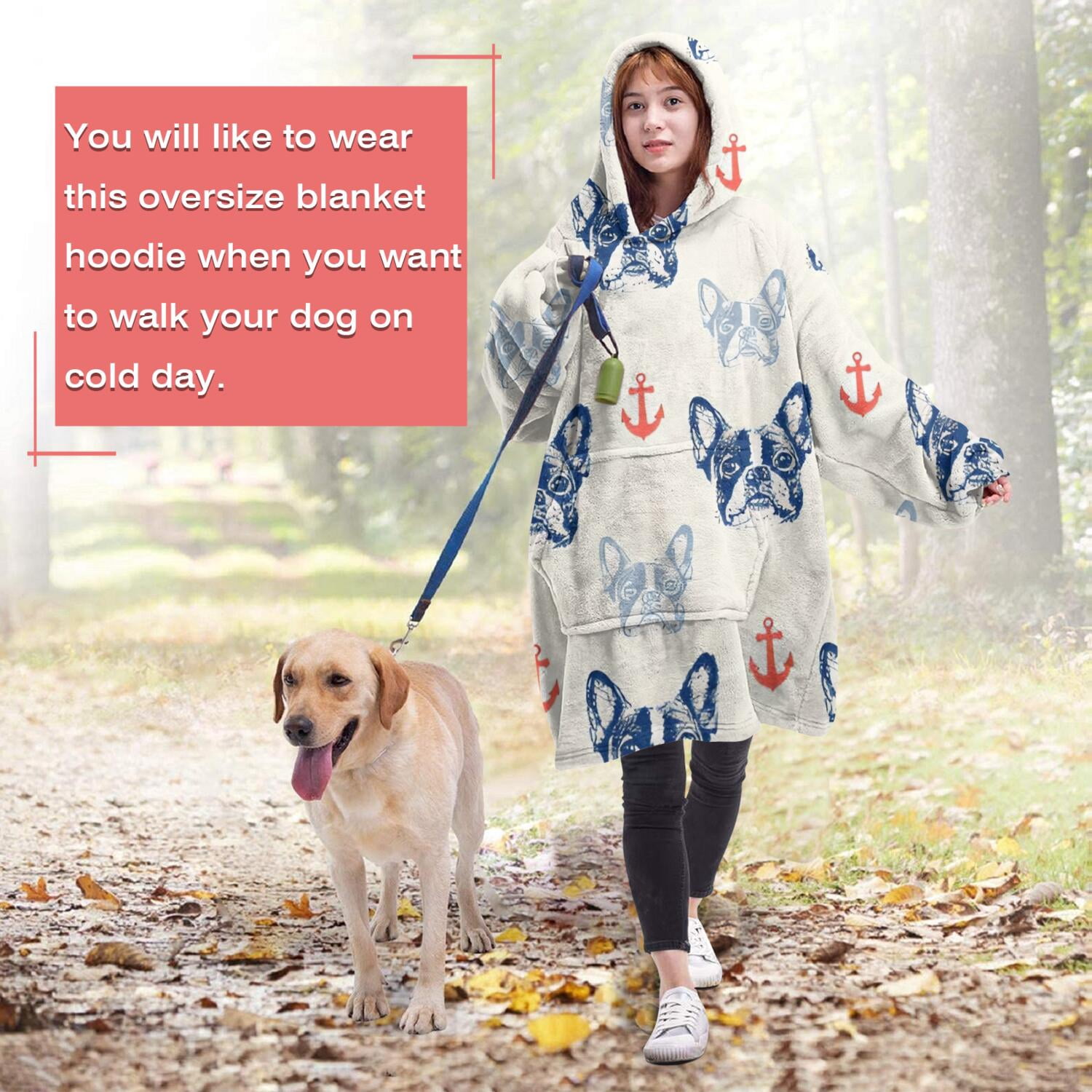 Anchor and Bulldog Dog Wearable Oversized Blanket,Wearable Blanket Hoodie for Adults,Cozy Hooded Blankets with Super Pockets,Super Warm Fuzzy Pullover for Women & Men