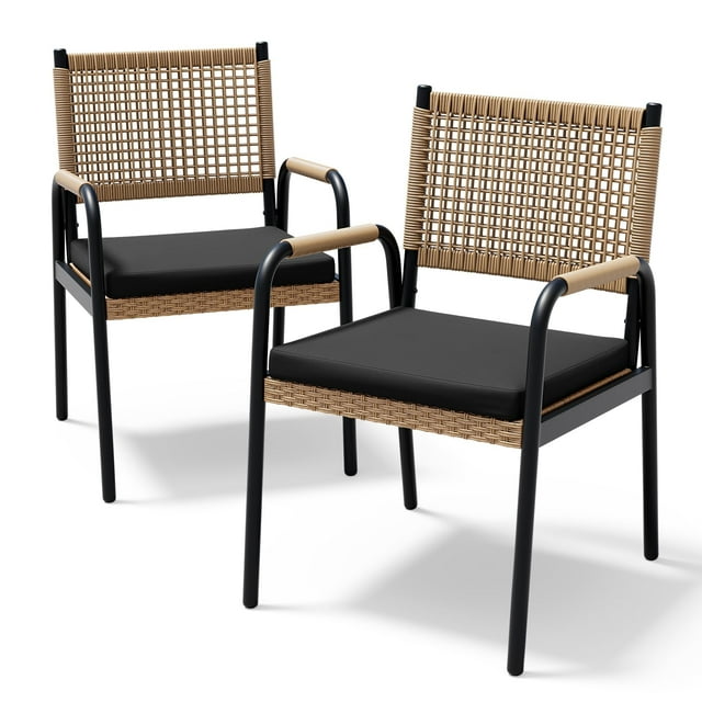 Set of Two Rattan Patio Chairs – Outdoor Rattan Dining Chairs, Metal Frame, Stylish Square Rattan Design, Perfect for Balcony, Backyard and Poolside, (White and Brown) (Black and Brown)