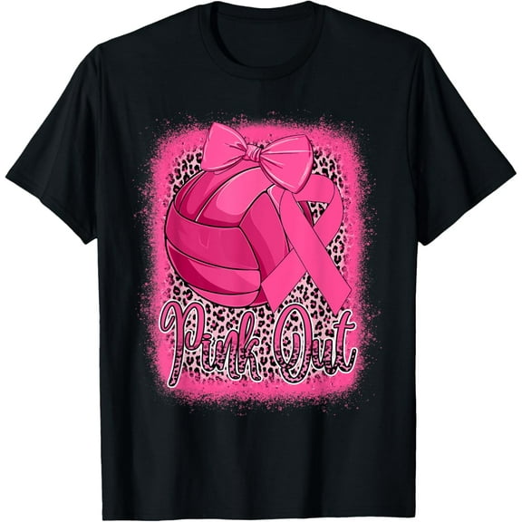 Pink Out Breast Cancer Awareness Volleyball Leopard Bleached T-Shirt