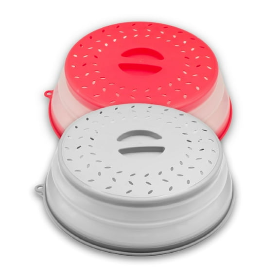 Microwave Splatter Cover 10.5” - Foldable Silicone Microwave Cover for Food Splatter Covers the Dish and Plate - Durable Microwave Food Cover Lid With Vents for Microwave Oven Plate Cover (Grey Red)