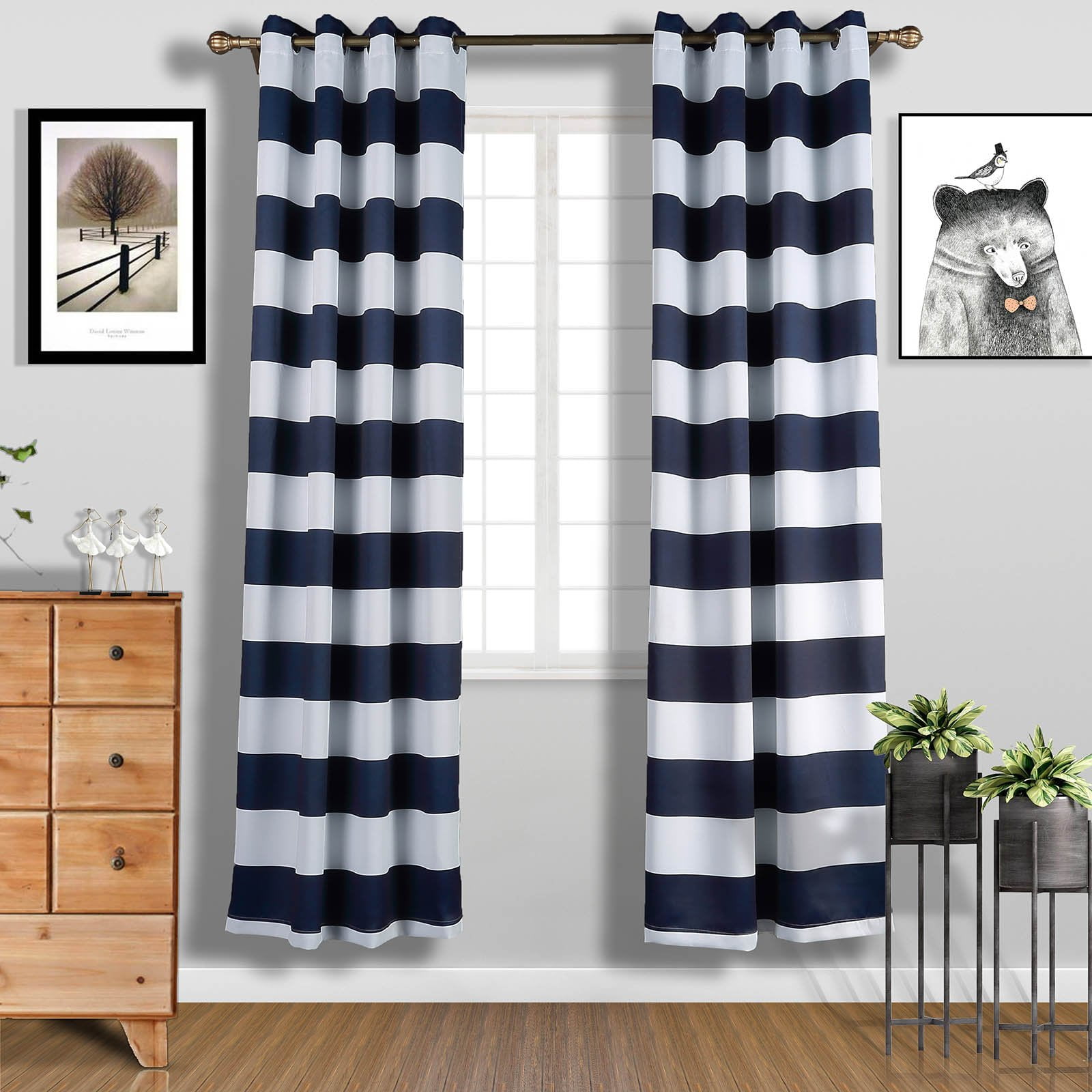 Cabana Stripe Curtains | 2 Packs | White & Navy Blue Blackout Curtain