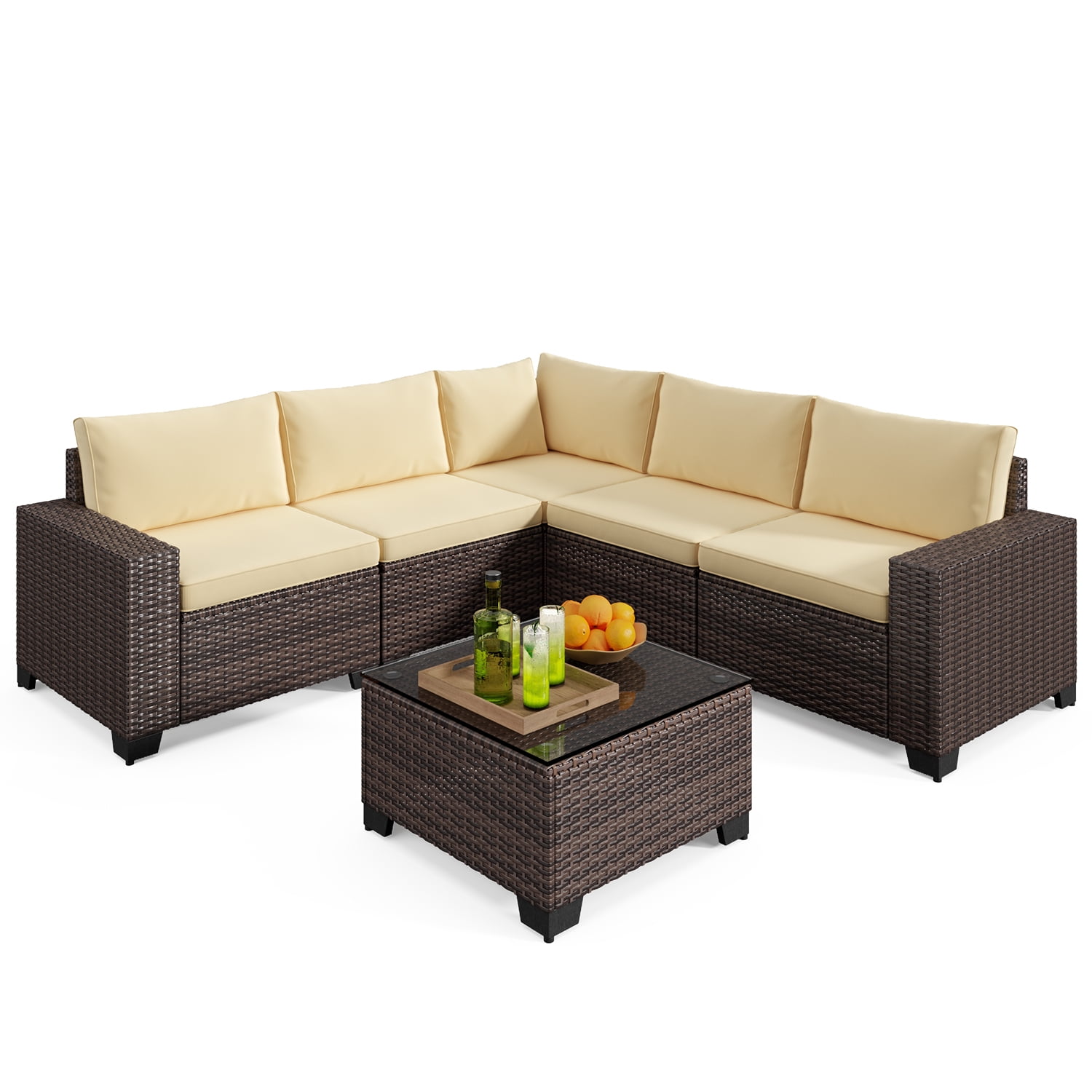 Aiho 6-Piece Outdoor Patio Furniture Set, PE Wicker Rattan Sectional Sofa Conversation Set with Thickened Cushions and Coffee Table for Garden, Backyard, Beige