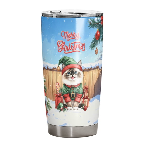 Merry Christmas Meowy Catmas Noel Ragdoll Elf Candy Cane Snow 20oz Stainless Steel Tumbler Insulated Cup with Lid Cat Lover Kitten Owner Gifts Idea - 13017