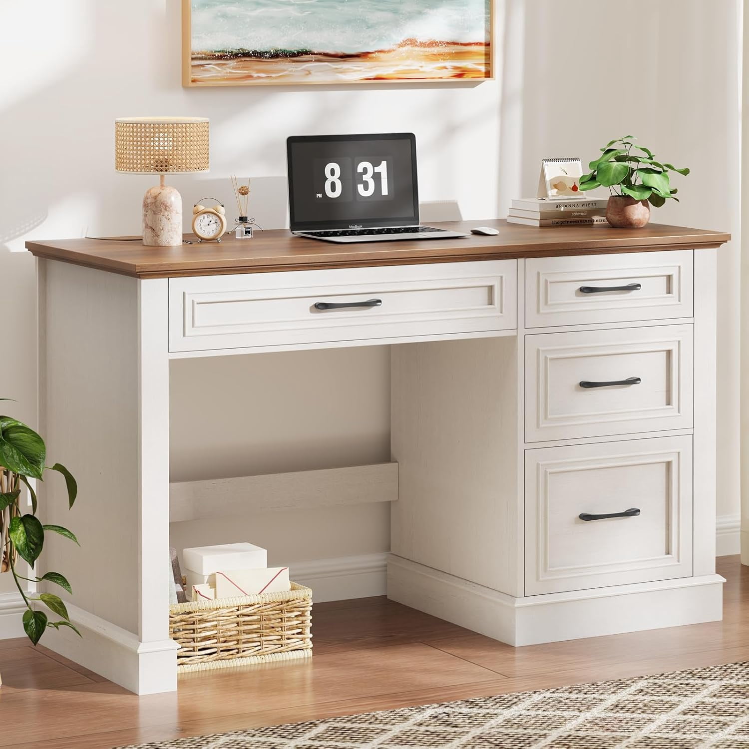 Farmhouse 47" Executive Desk with File Drawer, Computer Desk with 4 Drawers, Workstation for Study, Home Office, Writing, Unique White.