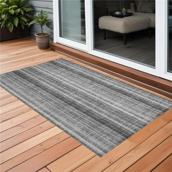HomeRoots 562038 2 x 3 ft. Gray Striped Washable Non Skid Indoor Outdoor Rectangle Machine Woven Area Rug