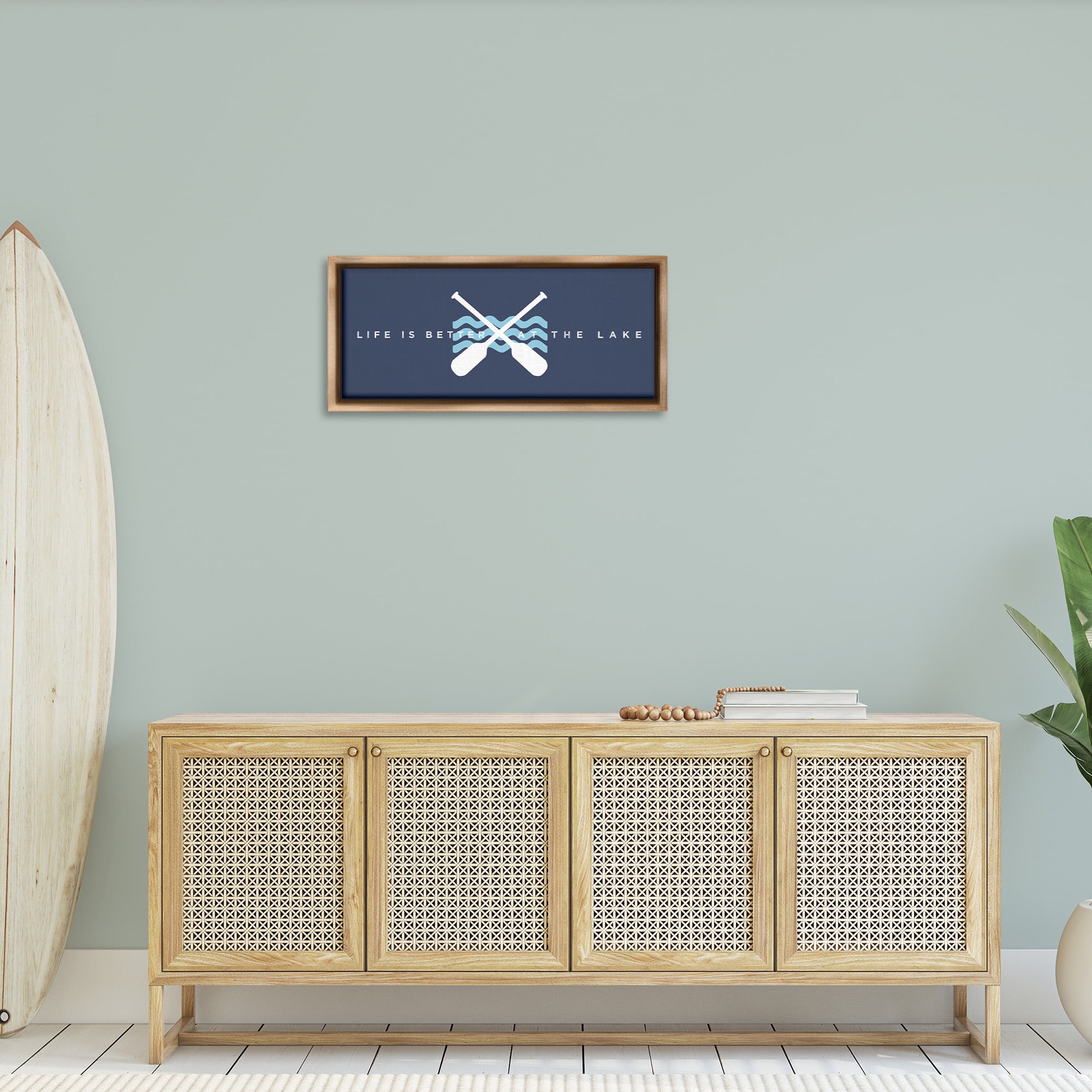 Stupell Industries Better At Lake with Crossed Oars Transportation Painting Brown Floater Framed Canvas Art Print Wall Art, 31 x 14