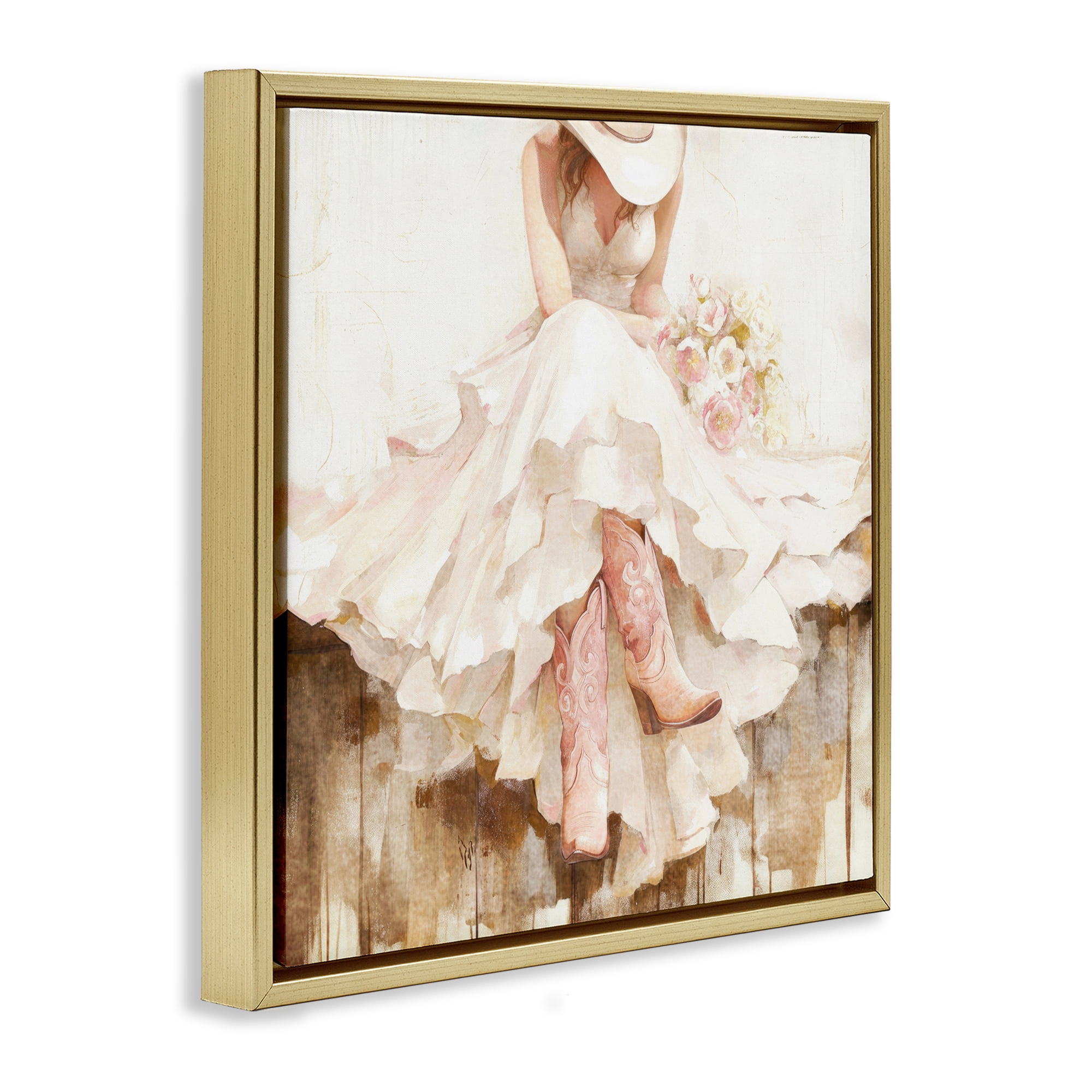 Stupell Industries Cowgirl On The Fence Gold Framed Floater Canvas Wall Art, design by Tina LeCour