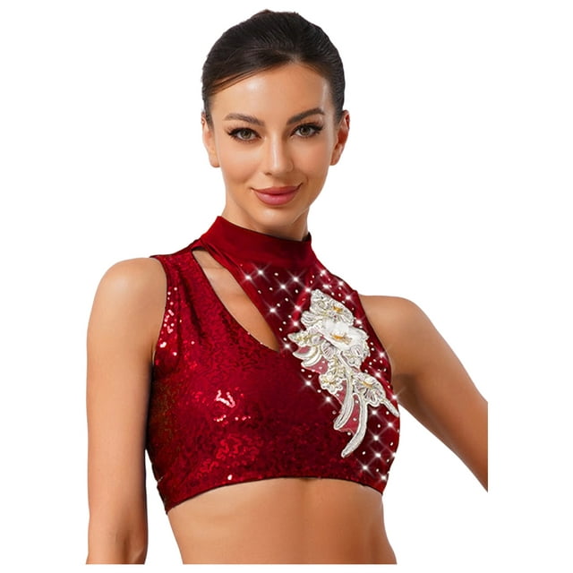 vastwit Haut Court de Danse Ballet Sans Manches Appliqué pour Femmes Moderne Contemporain Bourgogne TTG