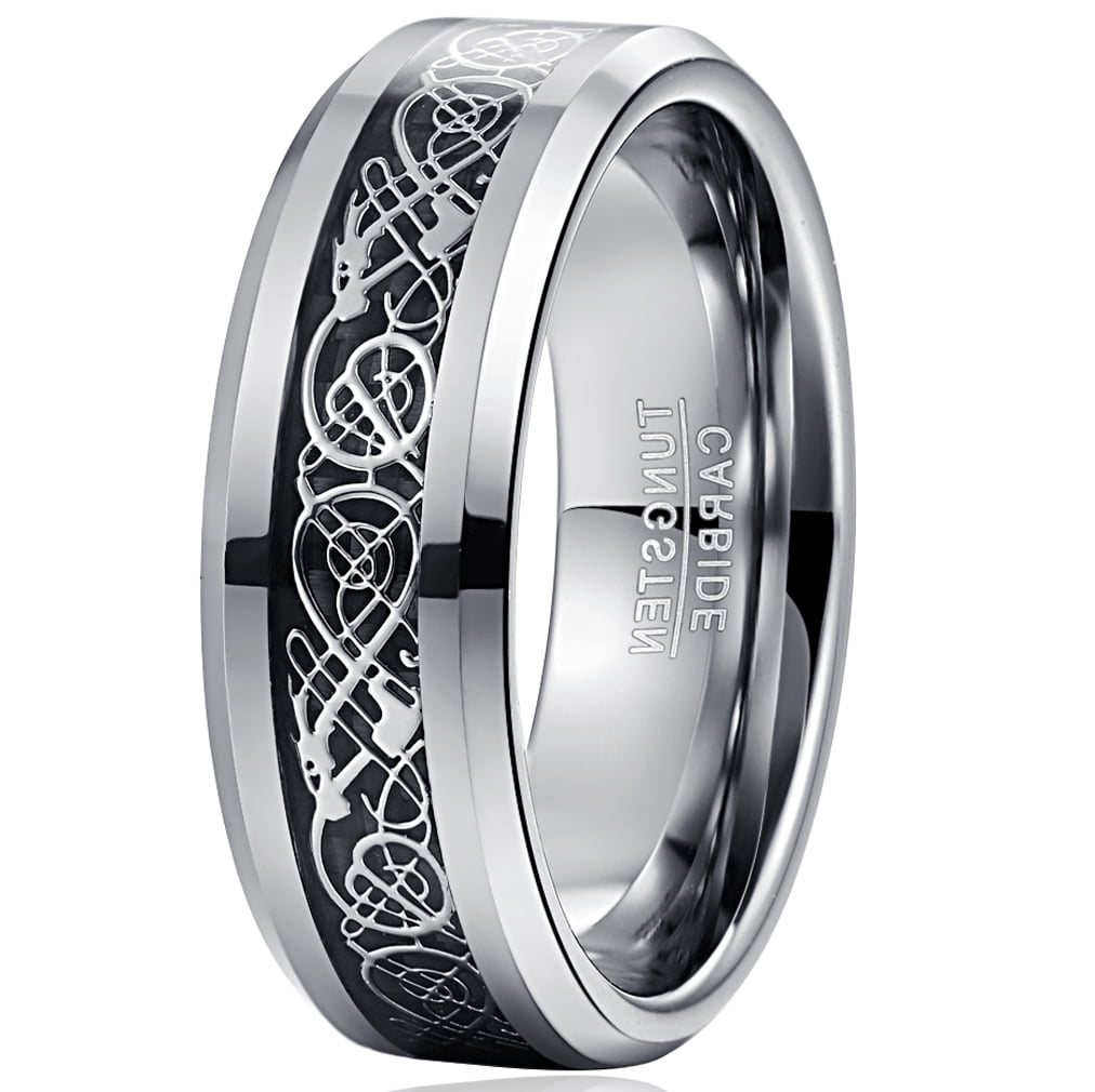 Silver Tungsten Carbide Wedding Band Men's Stainless Steel Dragon Rings 