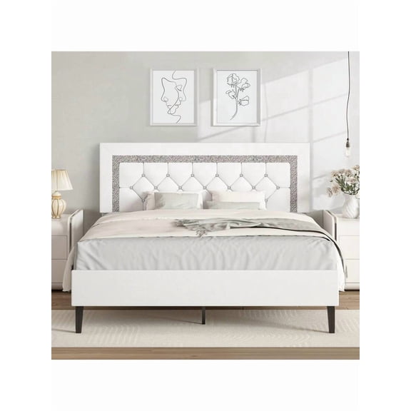 Twin/ Full/ Queen Bed Frame With Headboard, Modern Upholstered Bed Frame With Diamond Tufted Headboard, PU Leather Bed Frame, No Box Spring Needed, Easy Assembly, White/ Black/ Pink