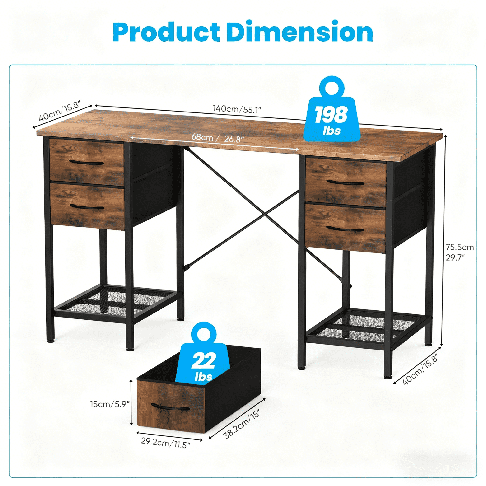 CONCETTA 55 Inch Computer Desk with 4 Drawers & Mesh Shelf, Large Desktop,Storage Desk for Home Office, Gaming & Study, Flexible Setup, Rustic Brown