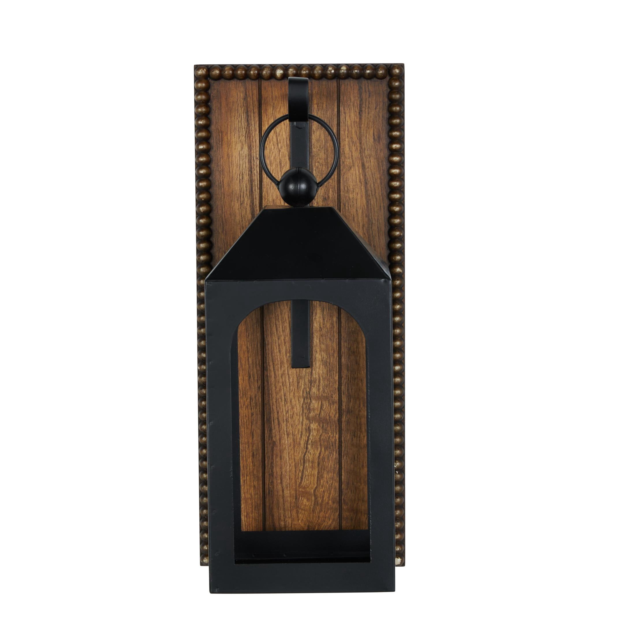DecMode Black Metal Abstract Suspended Arched Cutout Wall Sconce with Brown Wood Backing and Beaded Edge