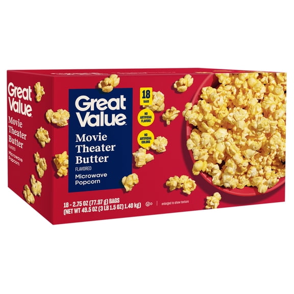 Great Value Movie Theater Butter Microwave Popcorn, 2.75 oz, 18 Count Box