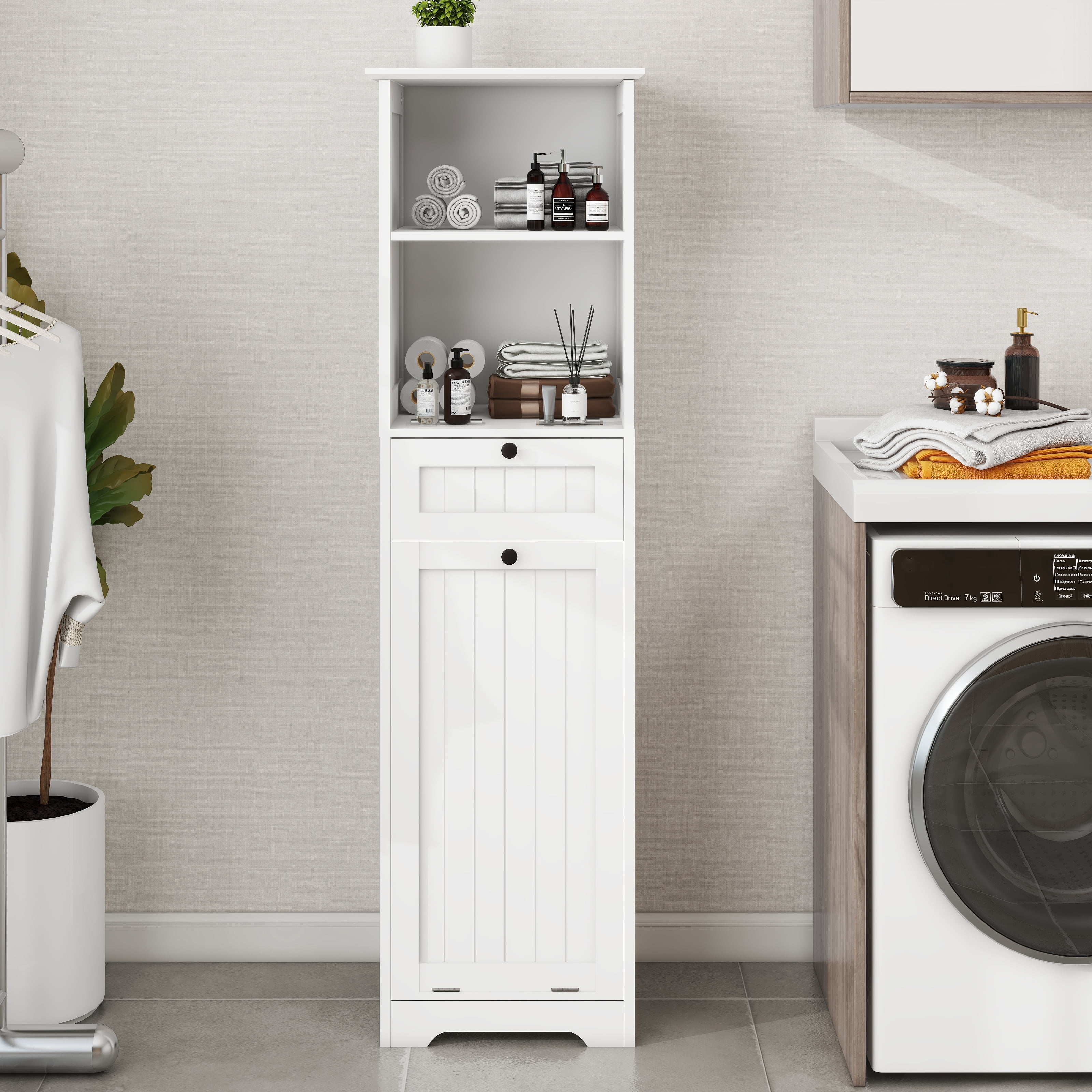 Mintazer Narrow Laundry Storage Cabinet with Open Shelves, Freestanding Slim Linen Tower with Drawer & Tilt-Out Laundry Hamper for Bathroom Laundry Room Balcony Hallway, White