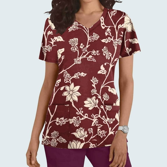 Yotami Nursing Uniform Tops for Women with Pocket Comfortable Shirt for Hospital Floral Print Short Sleeve V-Neck Scrubs, Wine, XXL