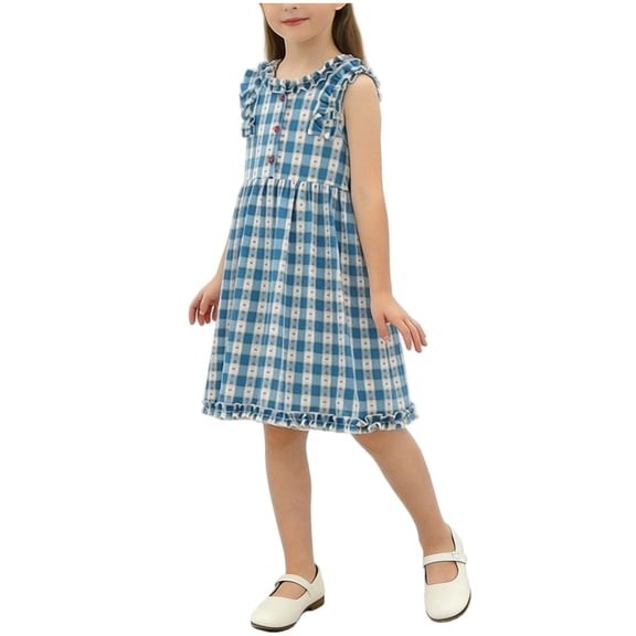Casual Tank Dresses Girls Sleeveless Cute Summer Plaid Dress Ruffle Trim Round Neck Toddler Aline Sundress Blue, 6 Years
