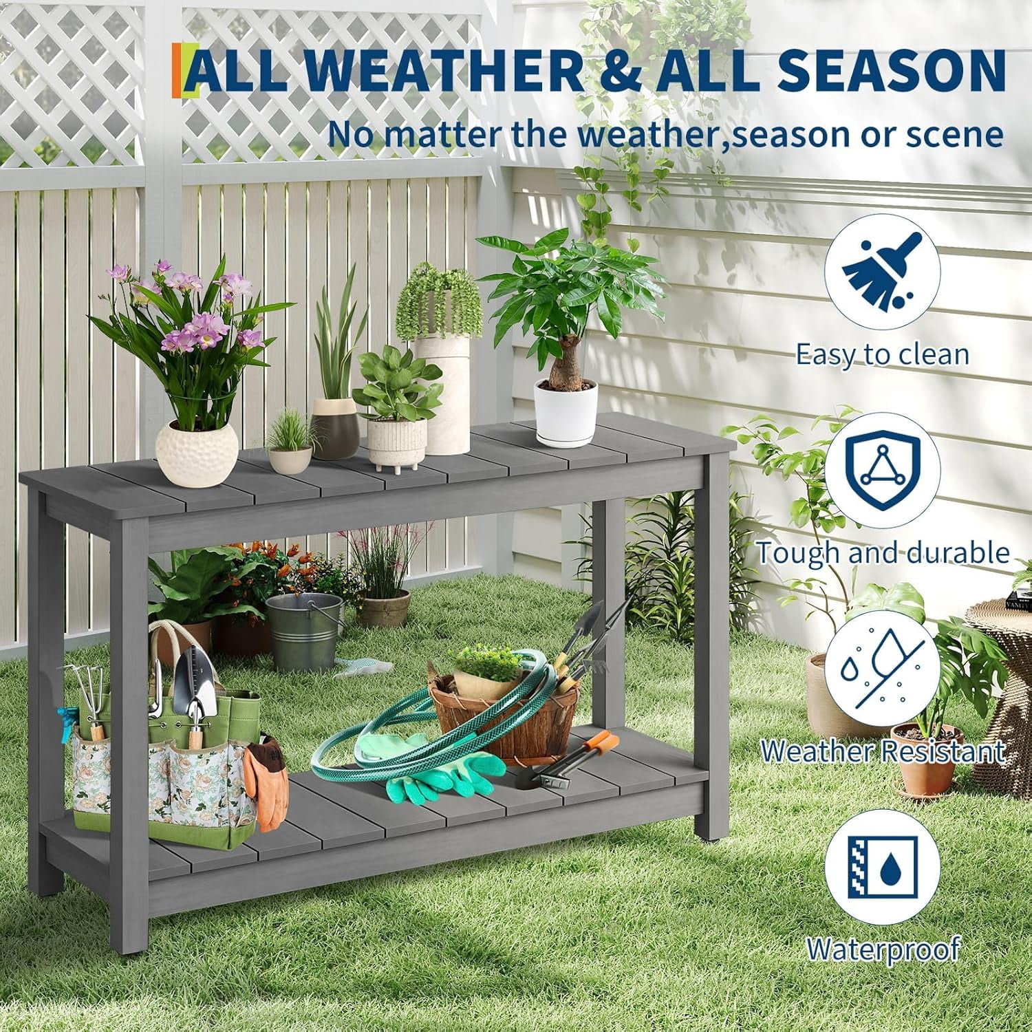 Senfot 48 Inch 2-Shelf Console Table, Indoor Outdoor Wooden Storage Entryway Side Table Gray
