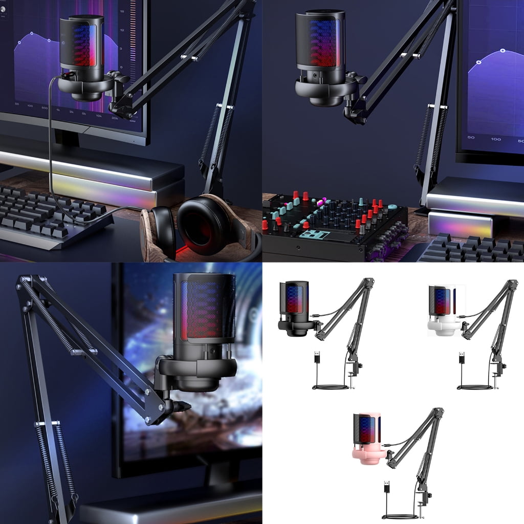 LED Light Gaming Microphone USB Condenser Mic Clip Mount for Desktop and Laptop