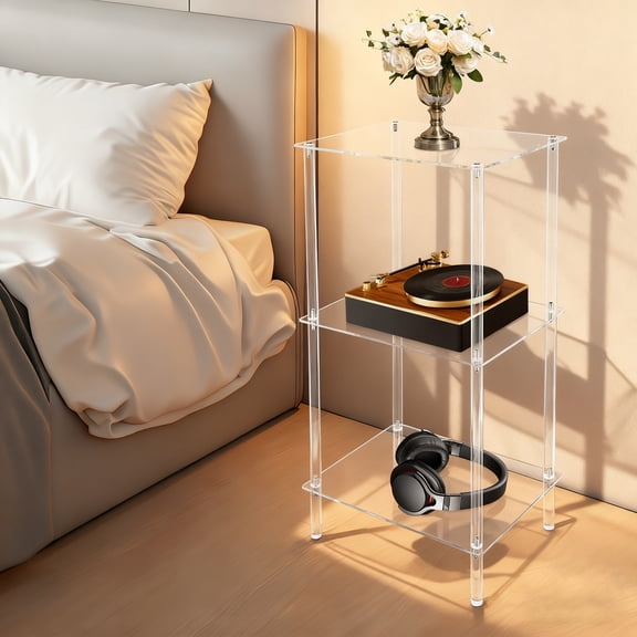 3 Tiers Acrylic Clear Record Player Stand, Side Table/End Table for Living Room, Bedroom