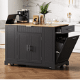 thumbnail image 2 of Fluted Kitchen Island with Trash Can Storage, Power Outlet & Internal Rack, Rolling Cart with 3 Drawers & 3 Open Shelves, 5-Wheel Mobile Kitchen Island for 10 Gallon Bin, Black, 2 of 9