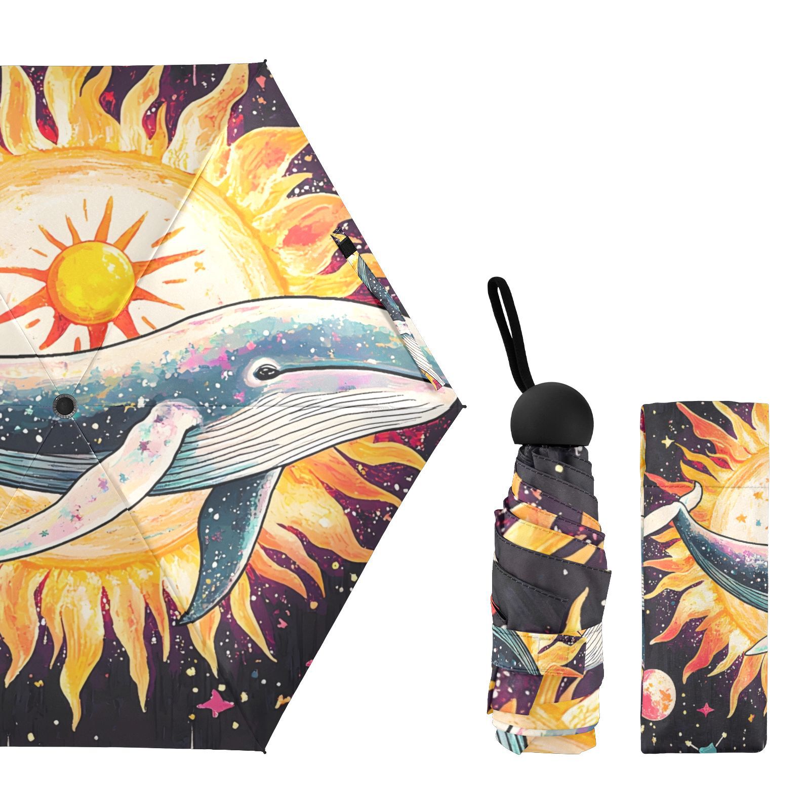 JSTEL Whale Sun Star Folding Umbrella for Rain Sun Travel Mini Lightweight Compact Umbrellas