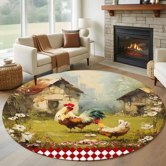 Round Area Rug 8 Ft, Farmhouse Rooster Washable Non-Slip Circle Carpet for Living Room/Bedroom, Vintage Rustic Plants Oil Painting Collection Low-Profile Large Area Rugs for Indoor