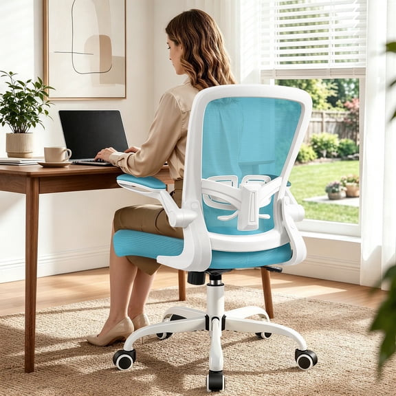 COOLHUT Ergonomic Office Chair, Home Office Desk Chair, Comfort Mesh Task Chair with Adjustable Lumbar Support and Flip up Arms, Blue