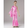 thumbnail image 2 of Aiihoo Kids Girls Shiny Metallic One Shoulder Flare Sleeve Dance Jumpsuit Unitard Bodysuit Pink 10, 2 of 7
