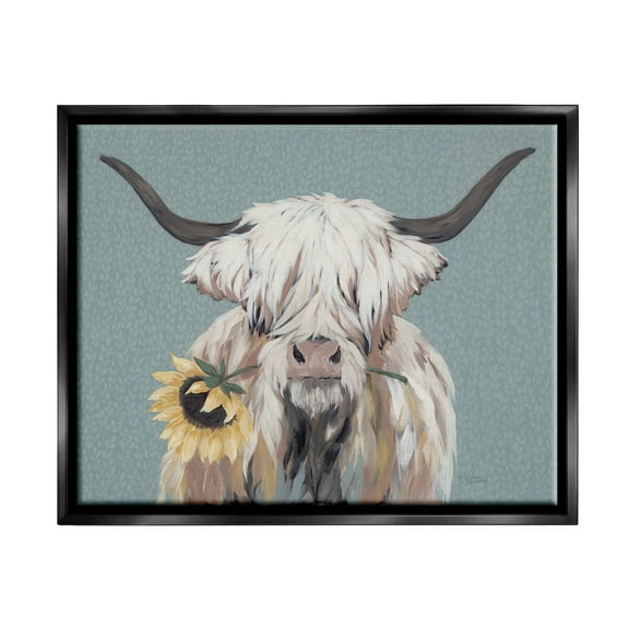Stupell Industries Highland Cattle Biting Sunflower Bloom Painting Jet Black Floating Framed Canvas Print Wall Art, Design by Michele Norman