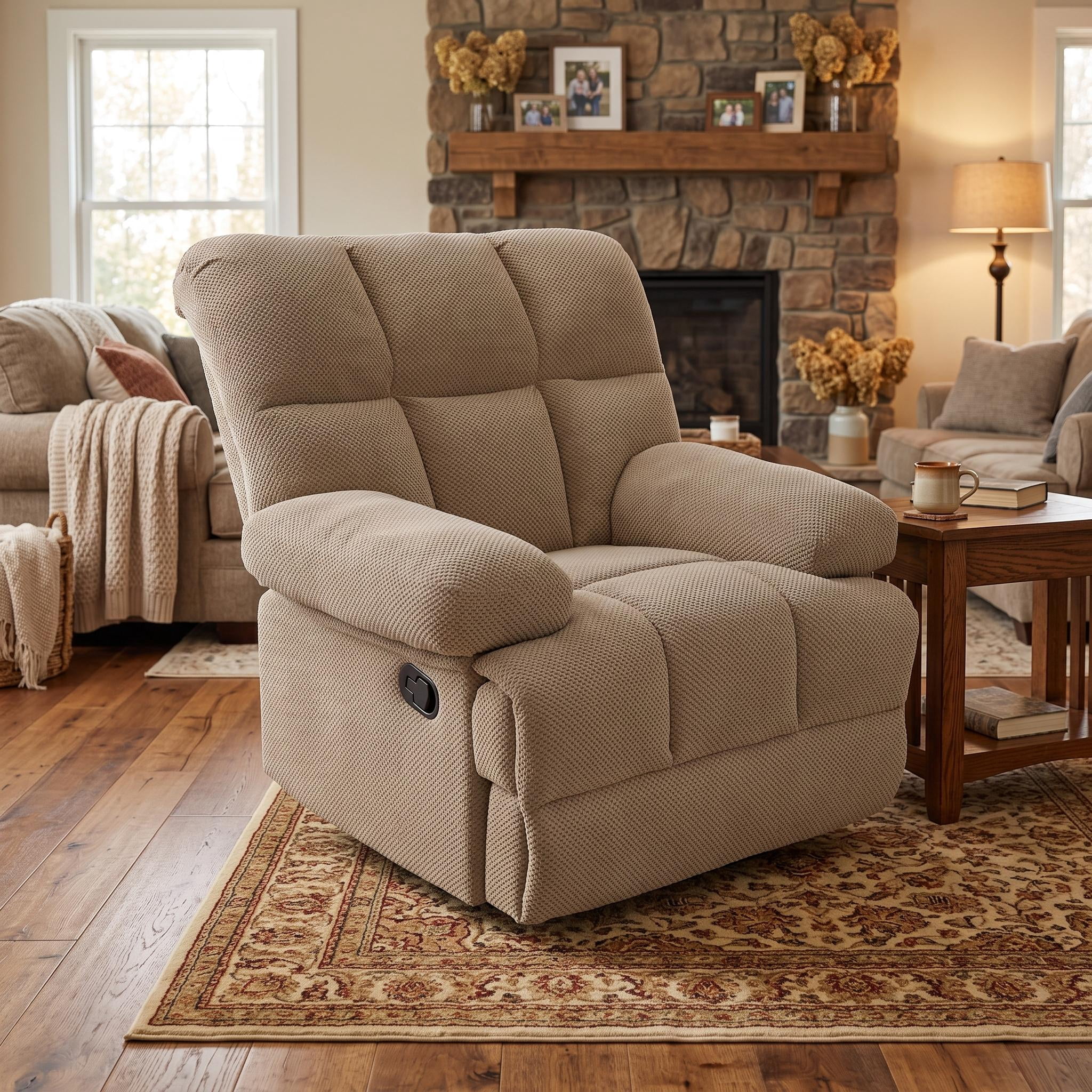 Homy Casa Overstuffed Rocking Recliner, Manual Fabric Chair with Footrest for Living Room, Beige
