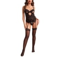 thumbnail image 1 of Conjunto de lencería de 3 piezas, diseño calado de encaje negro, liguero elegante, lencería de mujer con pantalones de hilo G, medias, negro XL, 1 of 7