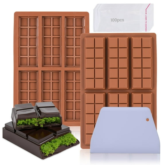 CAKETIME 2 Pack Silicone Dubai Chocolate Bar Mold Set - 6×10 Snaps, Nonstick, with Scraper & 100 Bags
