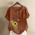thumbnail image 2 of Lovskoo 2024 Women Sunflower Print Tops Summer Cotton Linen Shirt Regular Button Round Neck Short Sleeve Blouse Coffee, 2 of 5