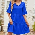 thumbnail image 1 of Robes pour Femmes 2024 Été Ample Décontractée Col en V devant Jupe Lacée Taille Haute Robe Ample Manches Courtes Col en V Longueur Genou 50 % de Rabais Liquidation!, 1 of 4