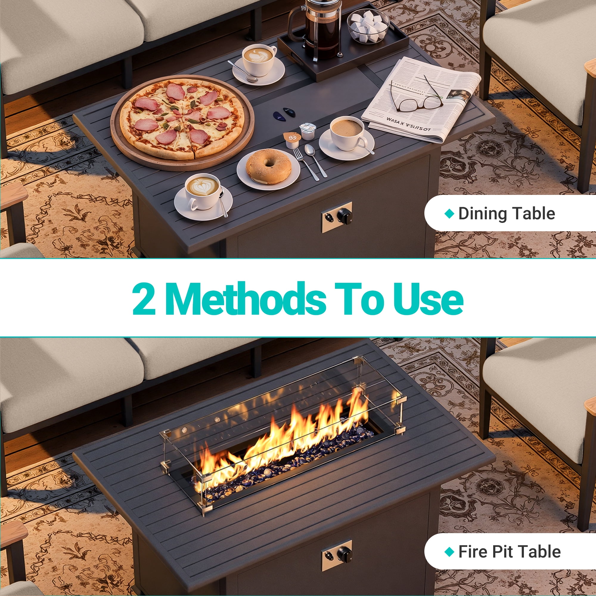Muphyers 7 Piece Aluminum Outdoor Patio Furniture Set, 55000 BTU Propane Fire Pit Table, Sectional Sofa, 5.1“ Thick Cushions, Ottomans for Backyard, Deck, Garden,Khaki