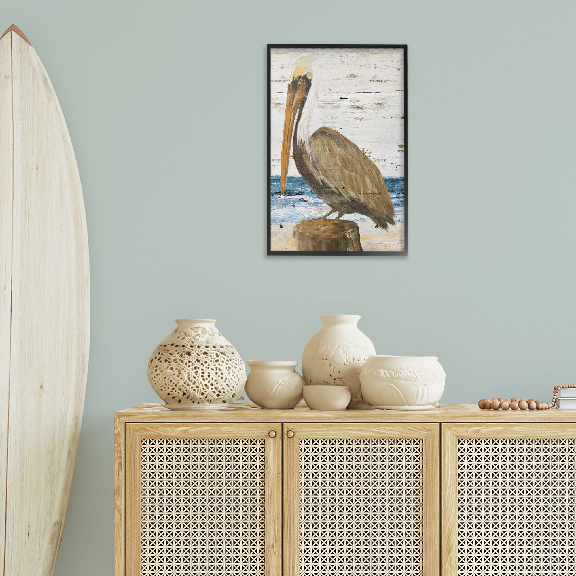 Stupell Industries Rustic Ocean Pelican Animals & Insects Painting Black Framed Art Print Wall Art, 16 x 24