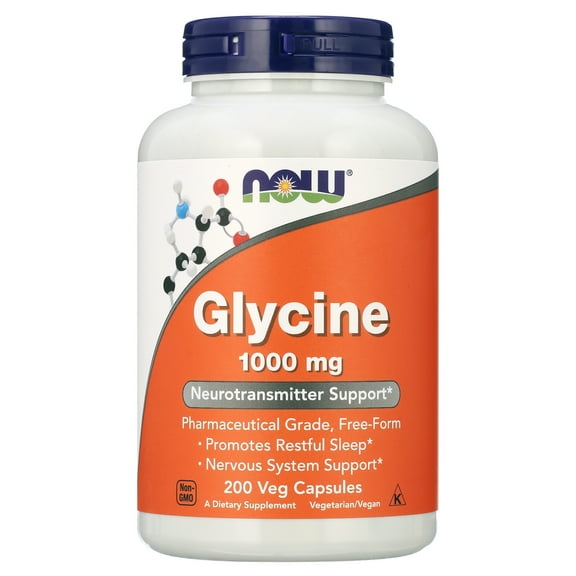 NOW Foods Glycine 1000mg, Free-Form Pharmaceutical Grade, Neurotransmitter Support*, Promotes restful Sleep*, Gluten Free, Vegan, Kosher 200 Vegetarian Capsules