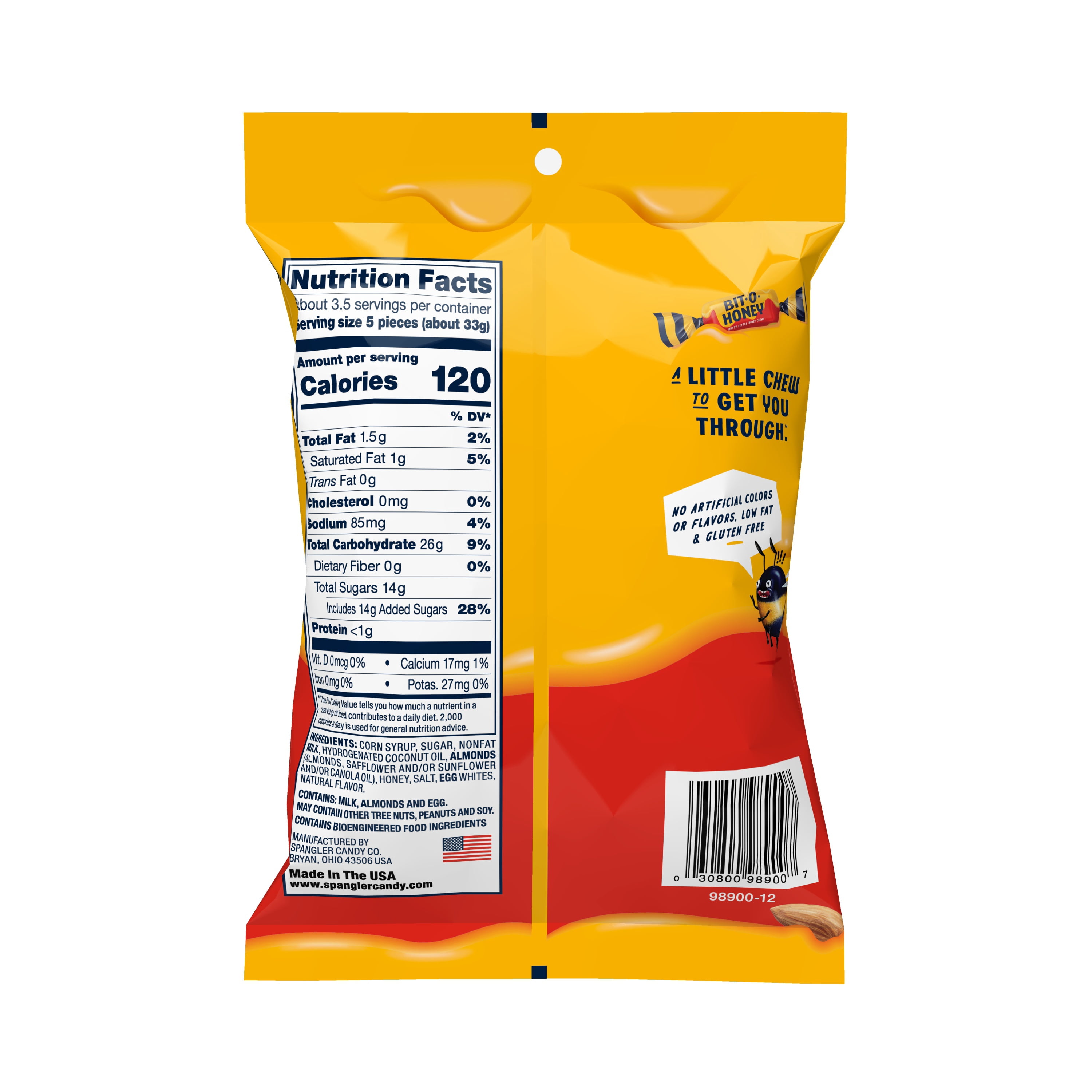 Bit-O-Honey Honey and Roasted Almond Chewy Taffy Candy 4.2oz. Candy Bag Gluten Free, Contains Milk and Eggs
