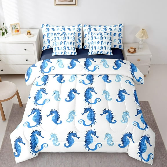 Erosebridal Ocean Seahorse Bedding Sets Twin Size,Cartoon Sealife Comforter Sets with Sheets,Lightweight Reversible Bed in a Bag Twin size,Sea Decor,7pcs