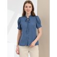 thumbnail image 3 of INSPIRE CHIC Women's Tie Neck Short Sleeve Shirt Puff Sleeve Button Front Lace Inset Stand Collar Blouse, 3 of 6
