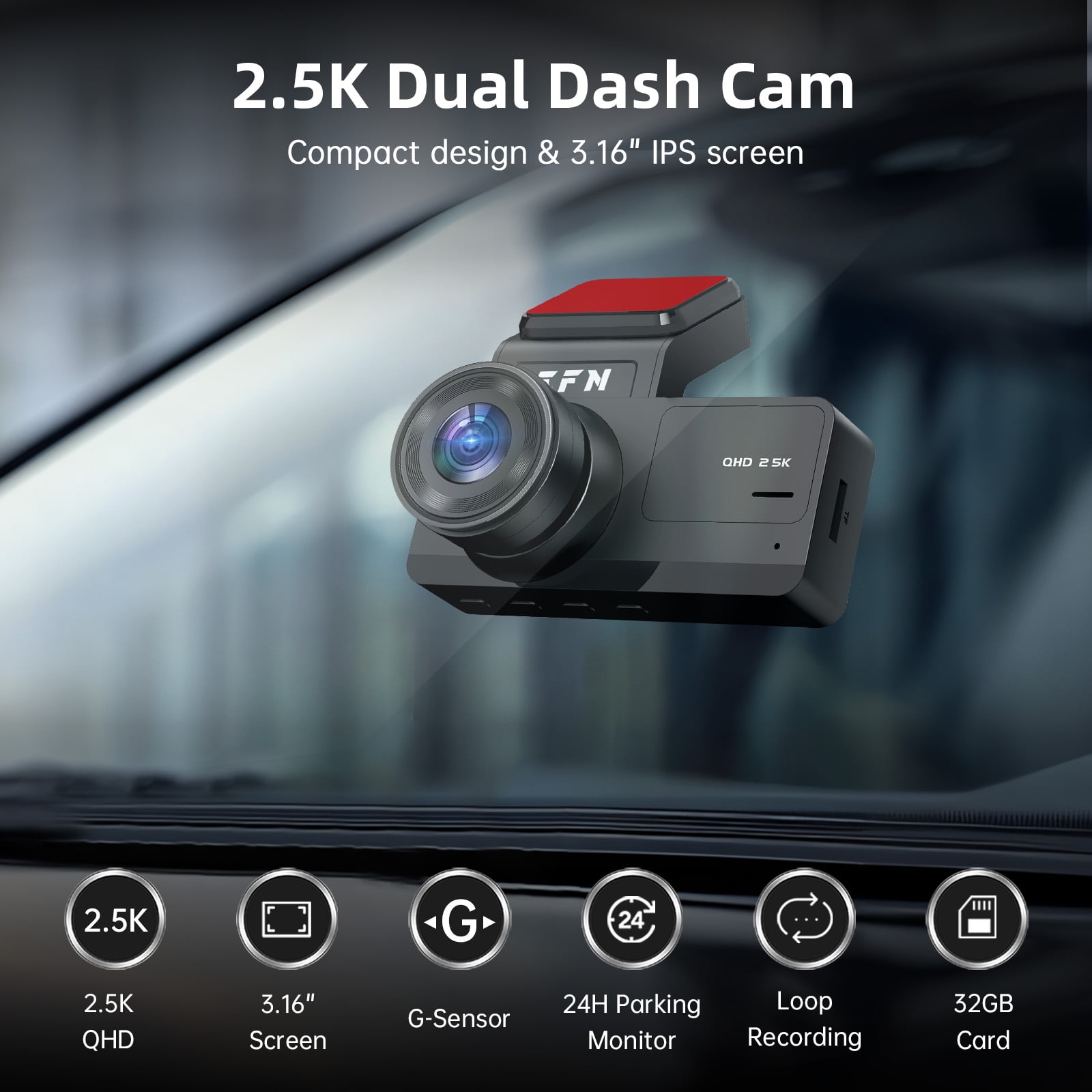 FFN 2.5K+1080P Dual Dash Cam Front and Rear,Car Dash Camera for Cars,Car Camera 170 Wide,Dashcam with Night Vision,Mini Dashcams with WDR,24H Parking Mode,Loop Recording,G-Sensor,32GB SD Card