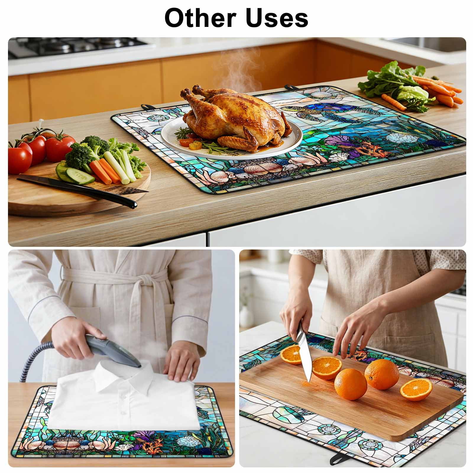 Summer Sea Turtle Stove Top Cover for Electric Stove, Heat-proof & Non Slip Glass Top Stove Cover Protector, Stained Glass Ocean Jellyfish Coral Kitchen Flat Cooktop Rubber Mat 24x21 Inches