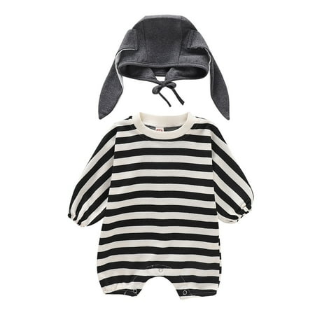 

XINSHIDE Infant Newborn Baby Boys Girls Long Sleeve Striped Romper Jumpsuit With Cute Rabbit Hat Outfit Set 2Pcs Baby Clothing