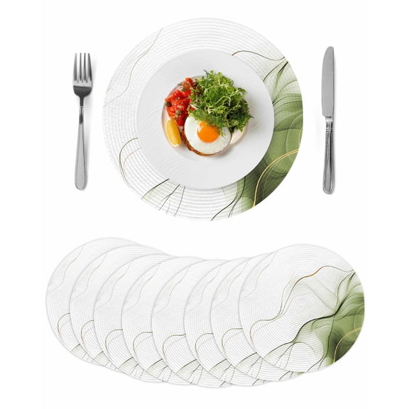Marble Sage Green Round 15 Inch Placemats Set of 8, Gold White Modern Gradient Ocean Wavy HeatResistant Non Slip Place Mats for Dining Table, Wipeable Braided Kitchen Table Mats for Housewarming