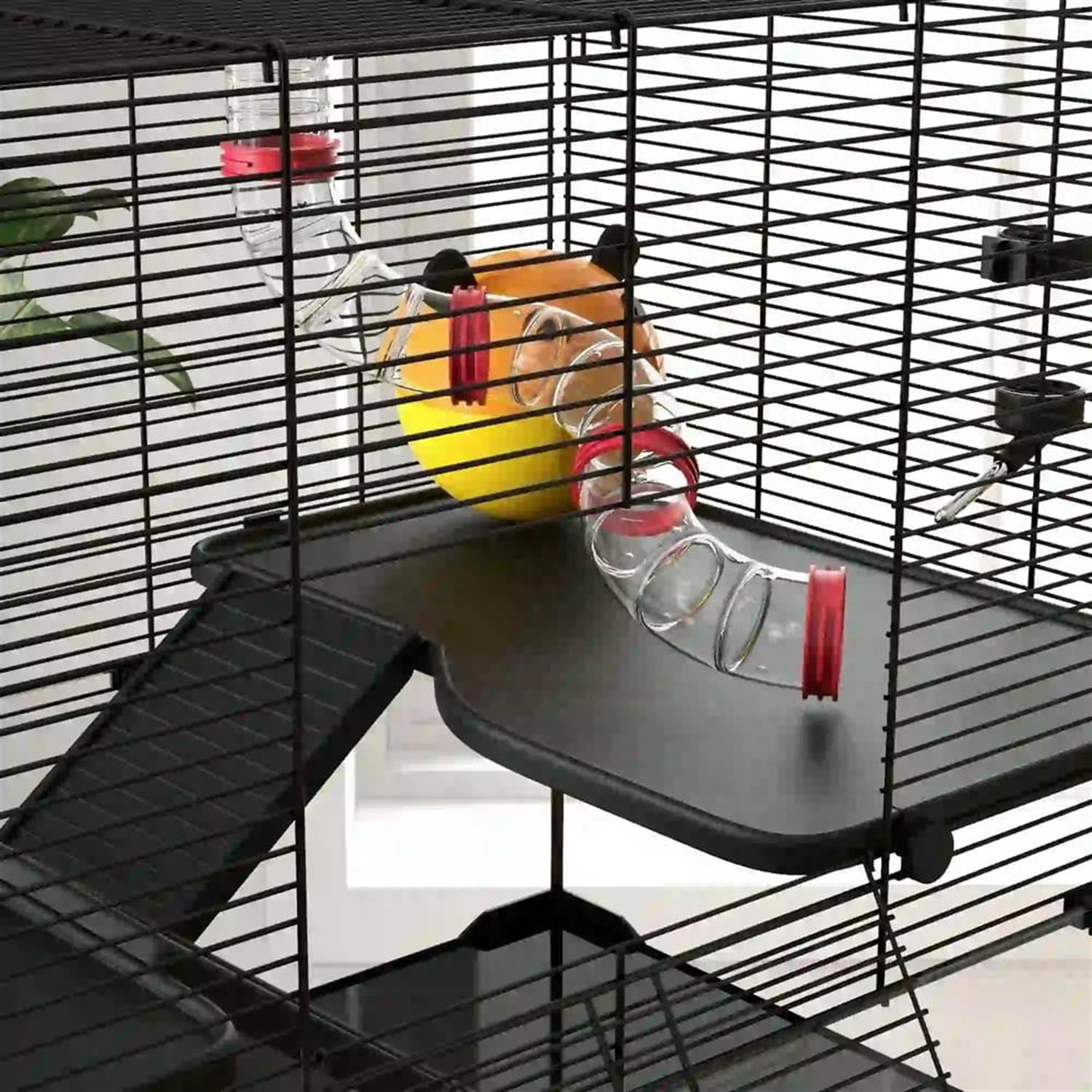 Kadyn 31" Hamster Cage, Gerbil Cage with Glass Basin, Tube and Tunnel for Small Hamsters, 2 Levels Small Animal Habitats, Black