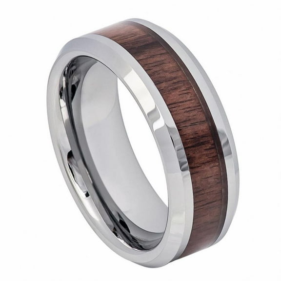 Custom Personalized Engraving Wedding Band Ring Set for Him & Her - 8mm High Polished with Mahogany Wood Inlay Beveled Edge