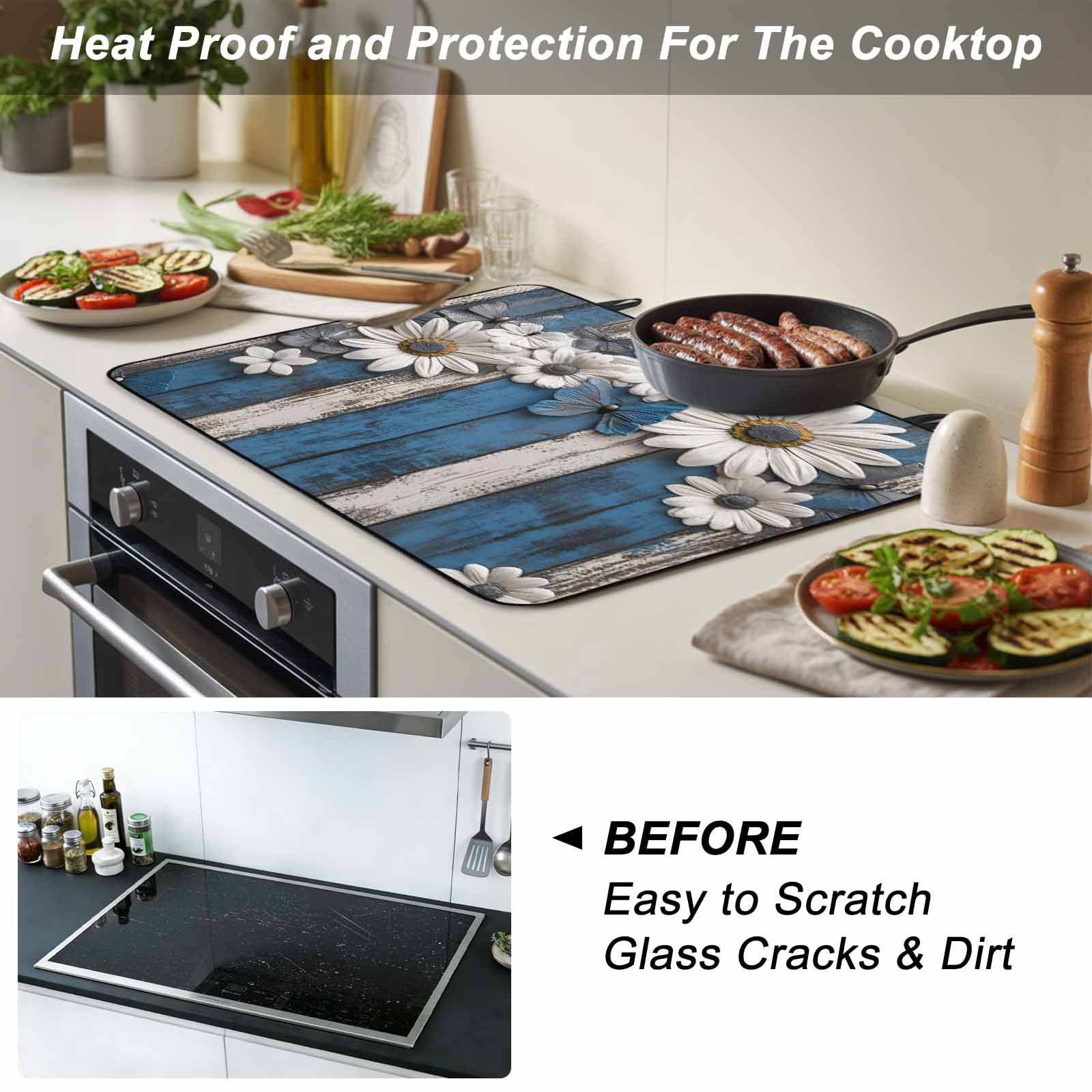 Blue White Daisy Stove Top Cover for Electric Stove, Heat-proof & Non Slip Glass Top Stove Cover Protector, Vintage Farmhouse Butterfly Floral Wood Kitchen Flat Cooktop Rubber Mat 24x21 Inches